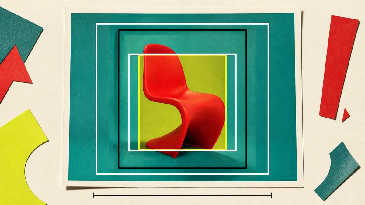 A red sculptural chair framed by nested square, portrait, wide, and vertical crop boundaries.