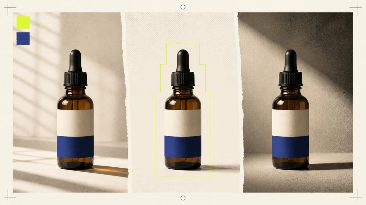 The same amber dropper bottle shown under three lighting setups with a product-lock outline.
