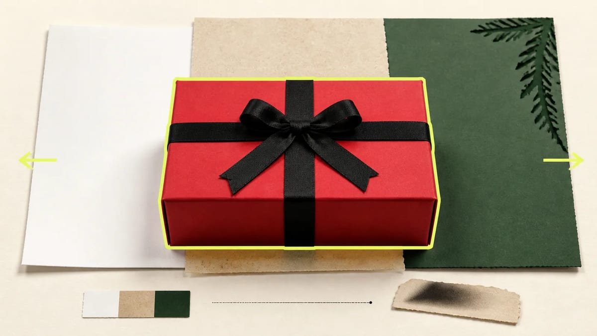 A protected red gift box placed over interchangeable white, stone, and green background papers.