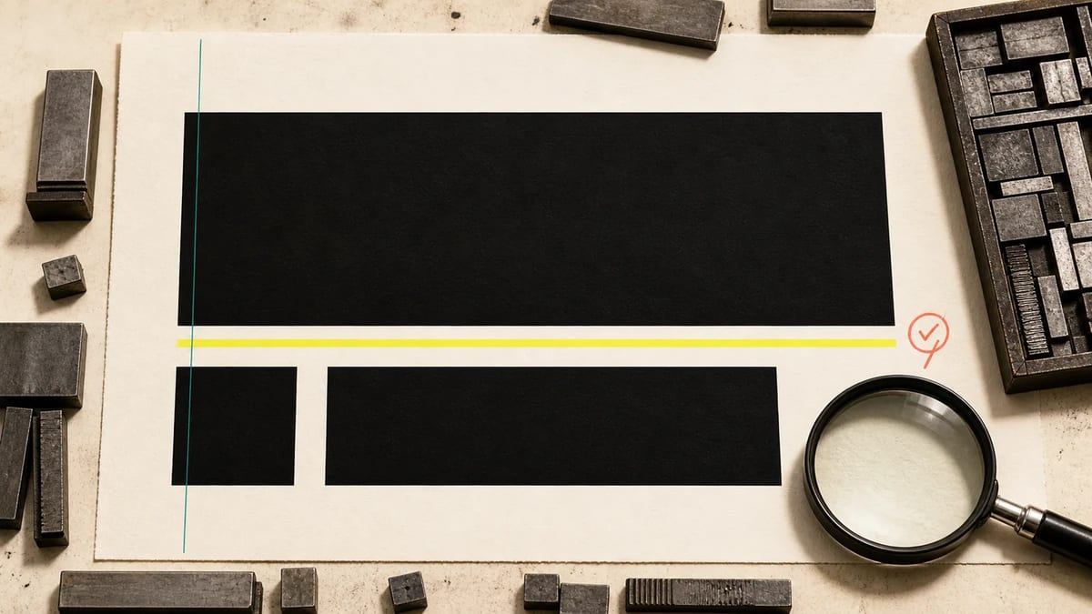 Letterpress proofing table with a clear headline, date, and subtitle hierarchy represented by blank blocks.