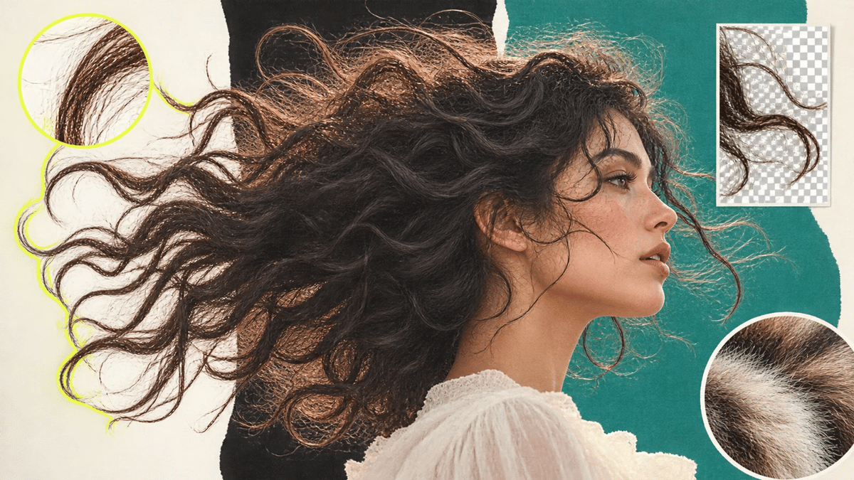 Profile portrait with windblown curls tested against light, dark, teal, and transparent backgrounds.
