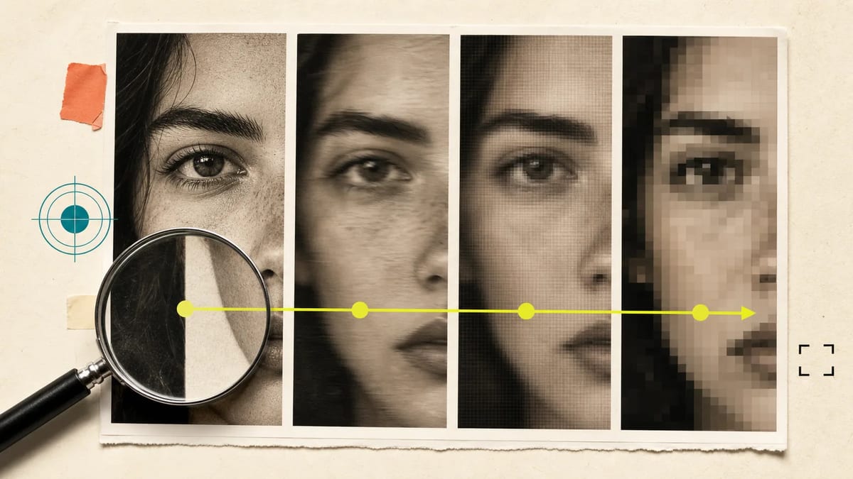 A portrait eye shown across clean, smeared, resampled, and pixelated proof strips.