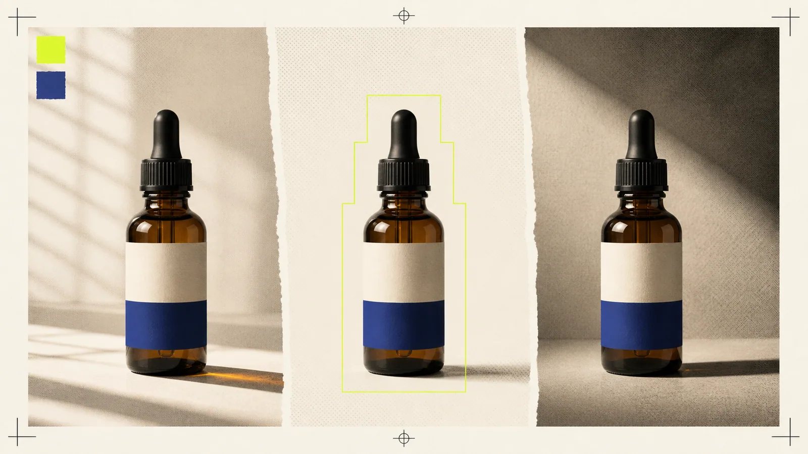 The same amber dropper bottle shown under three lighting setups with a product-lock outline.