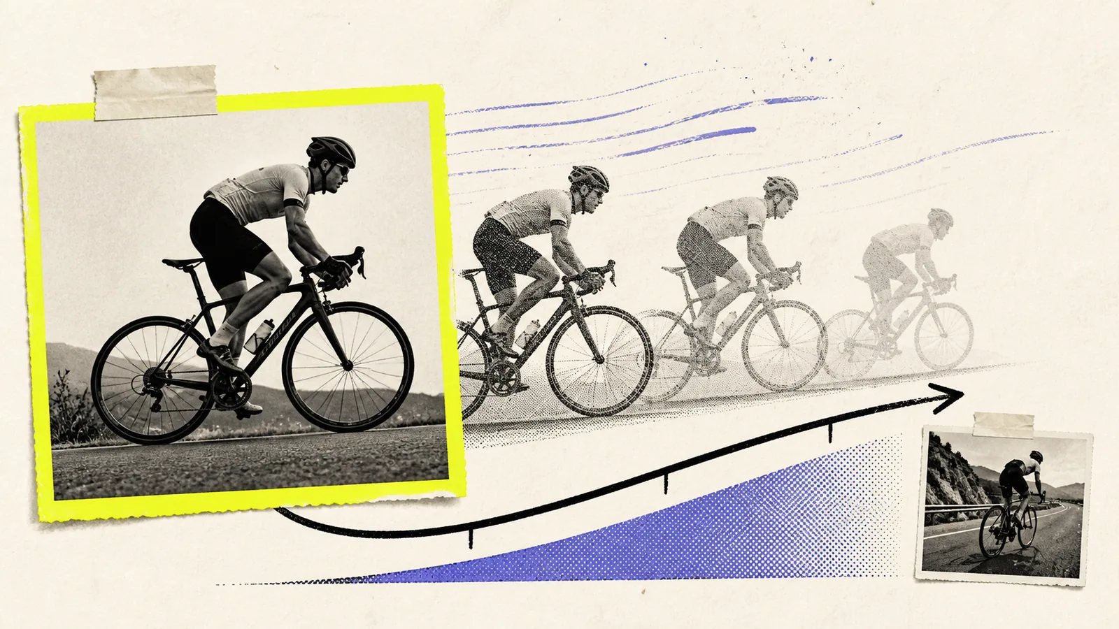 Editorial motion study of a cyclist moving from a strong first frame along a controlled path.