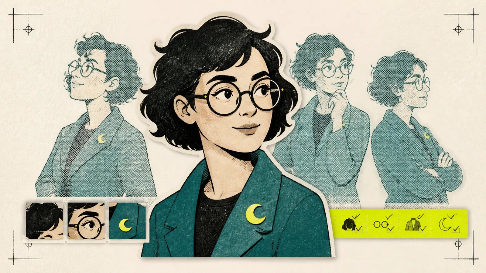 Screen-print collage of the same illustrated character in multiple poses with identity detail checks.
