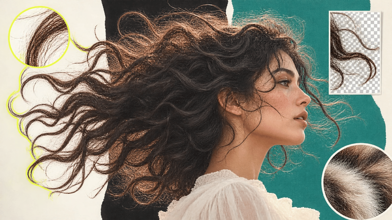 Profile portrait with windblown curls tested against light, dark, teal, and transparent backgrounds.