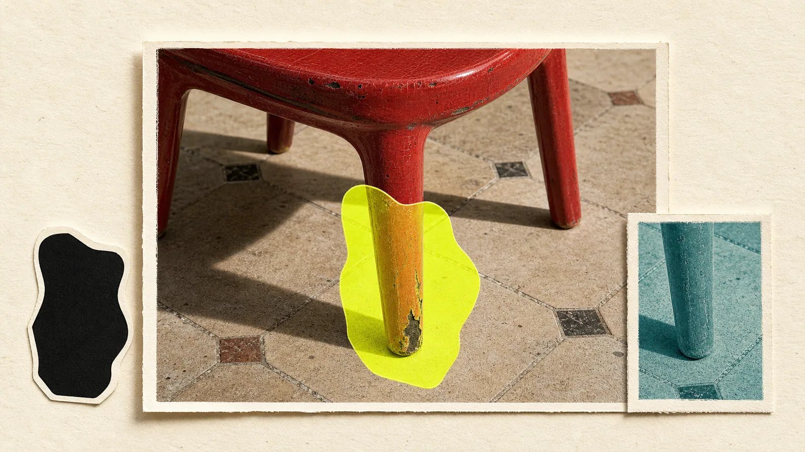 Photograph of a red chair with one damaged leg masked for a local repair and a clean result sample.