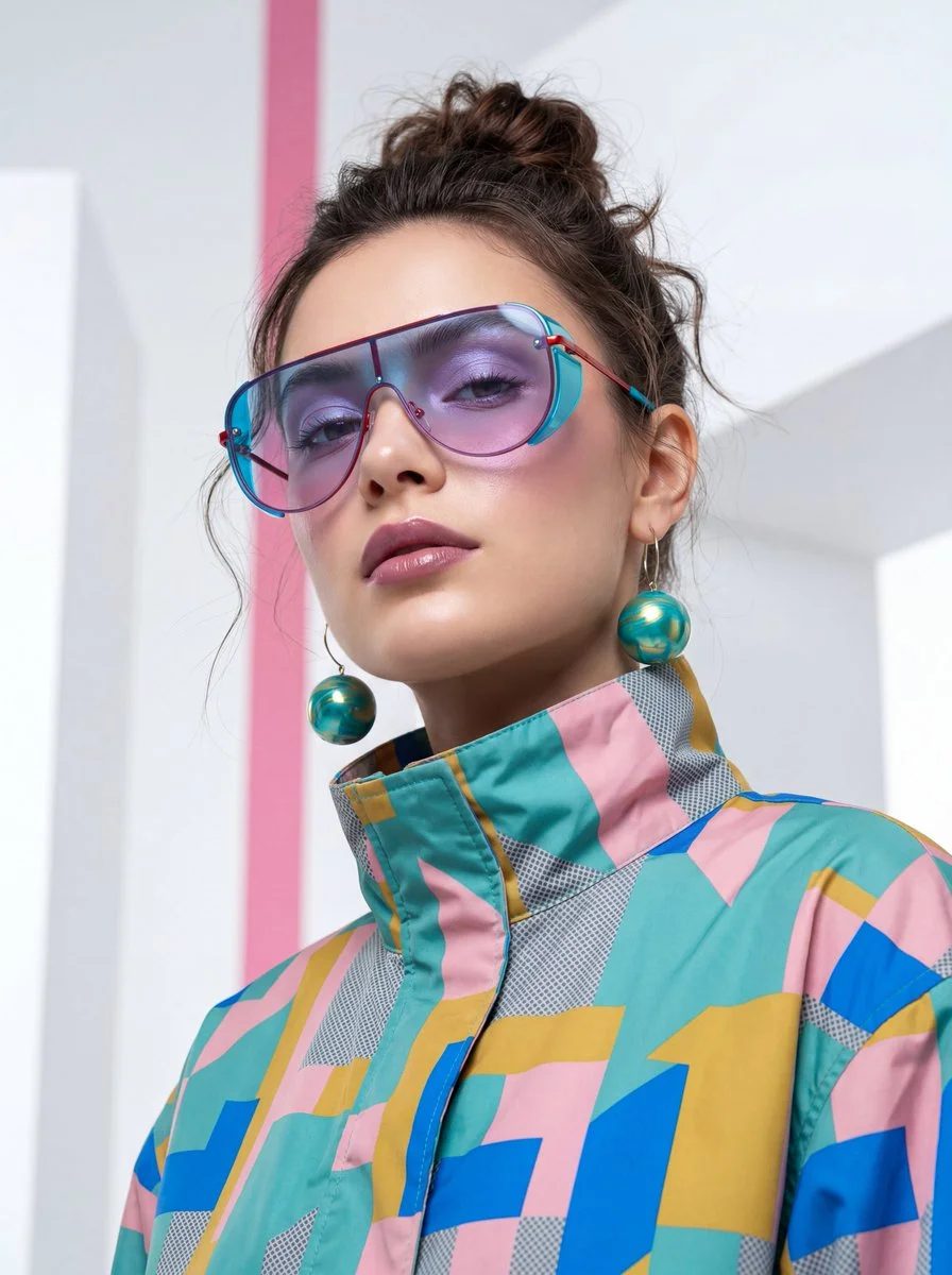 Fashion portrait with iridescent sunglasses and a colorful geometric jacket