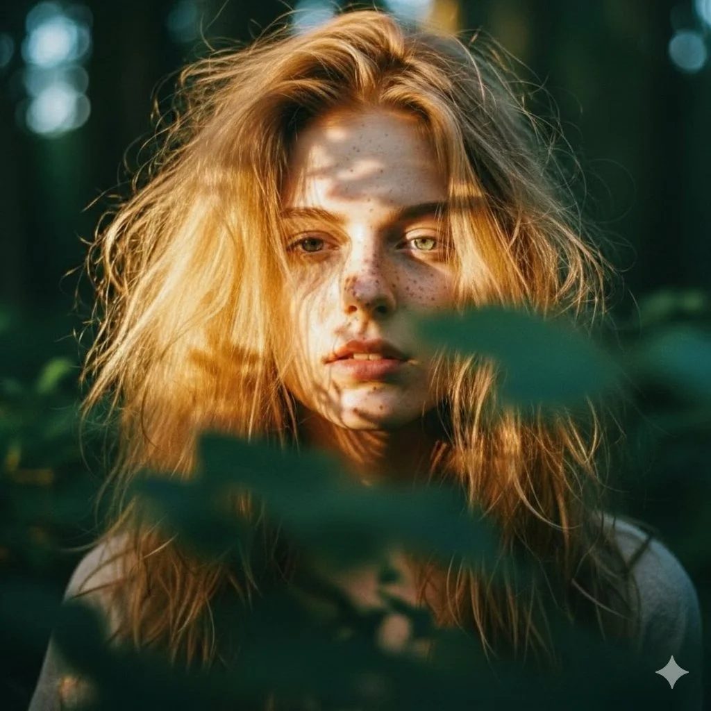 Woman with freckles in dappled sunlight behind forest leaves