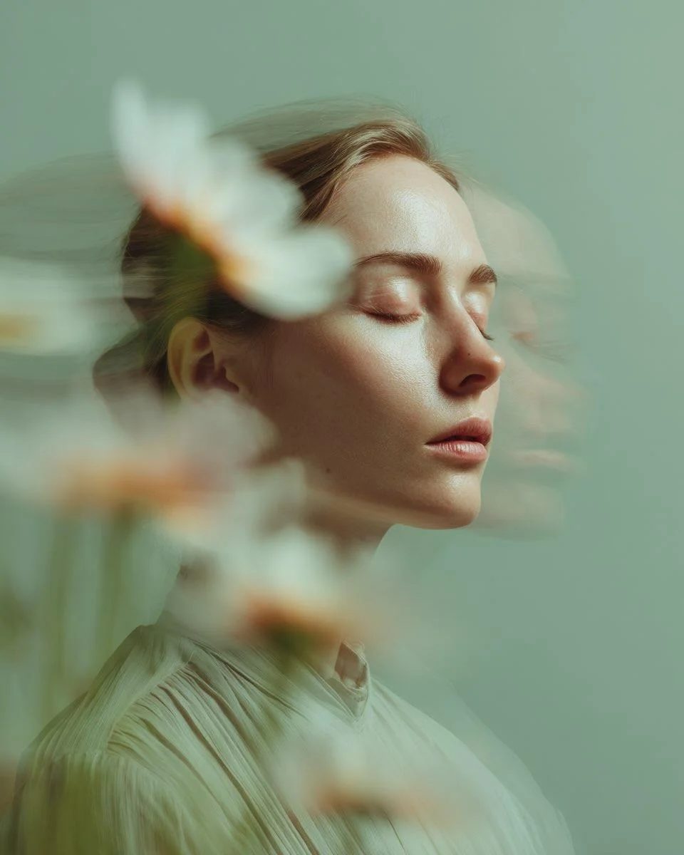 Woman in soft light with blurred flowers against a sage-green background