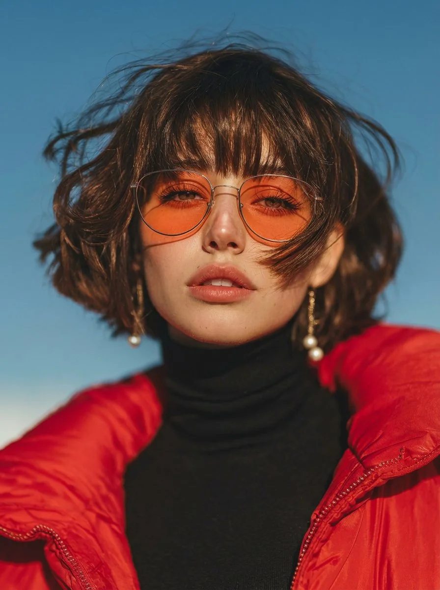 Fashion portrait with orange-tinted sunglasses, a red puffer jacket and warm sunlight against blue sky