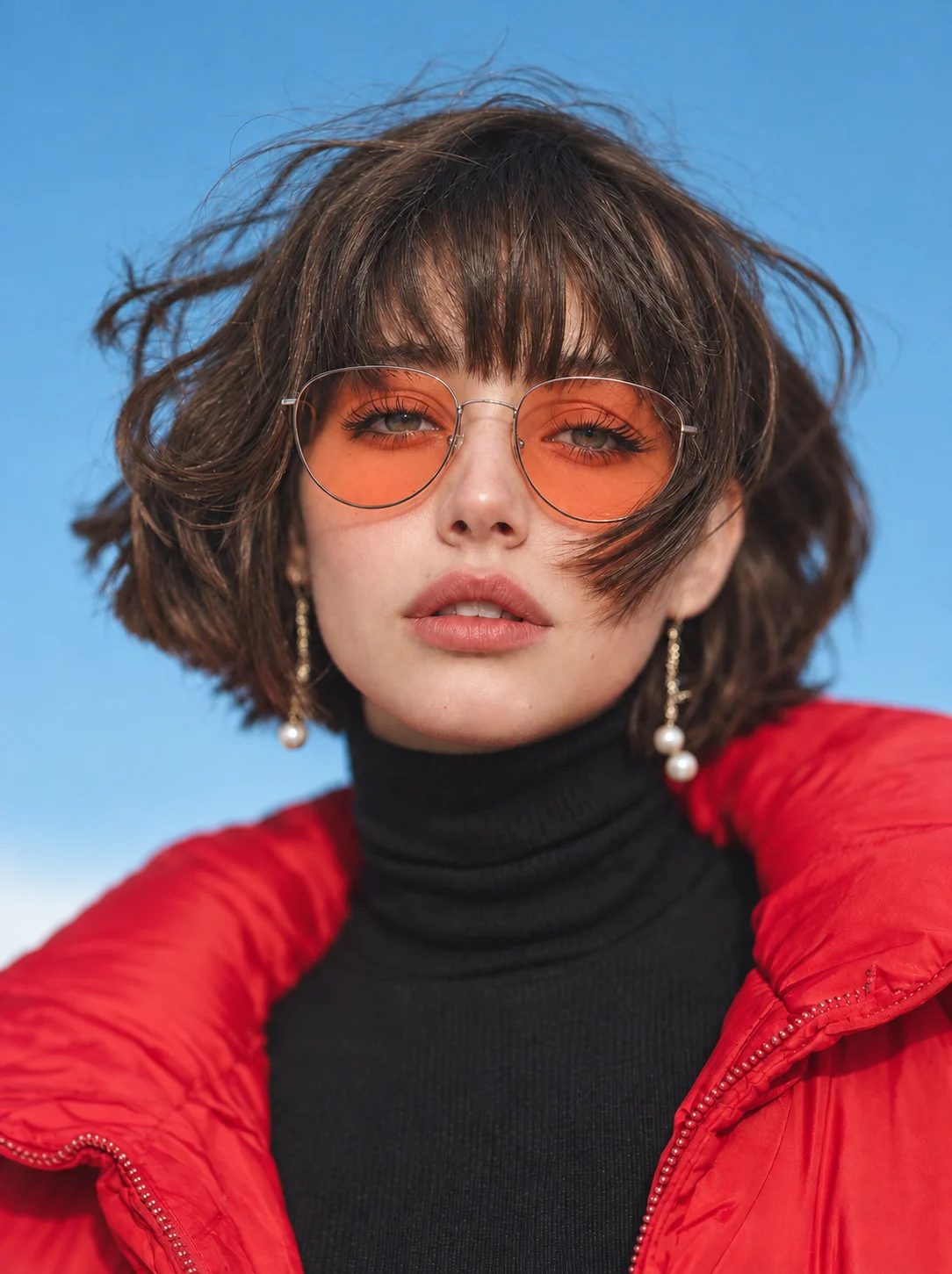 Reference-guided portrait illustration with softer light across the face, orange sunglasses and a red jacket