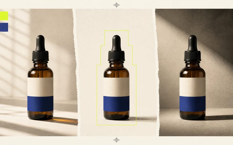 The same amber dropper bottle shown under three lighting setups with a product-lock outline.