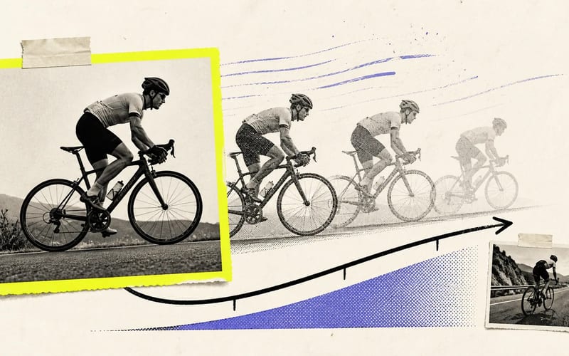 Editorial motion study of a cyclist moving from a strong first frame along a controlled path.