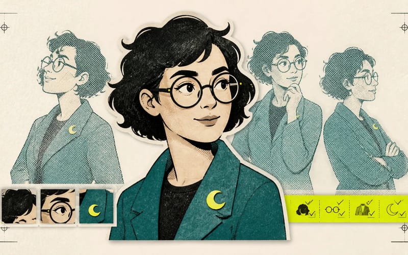 Screen-print collage of the same illustrated character in multiple poses with identity detail checks.